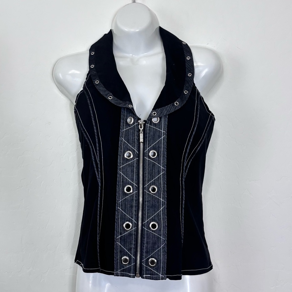 90s Y2K Black & Grey Zip Front Halter Top With Eyelets Whimsigoth Grunge Punk
